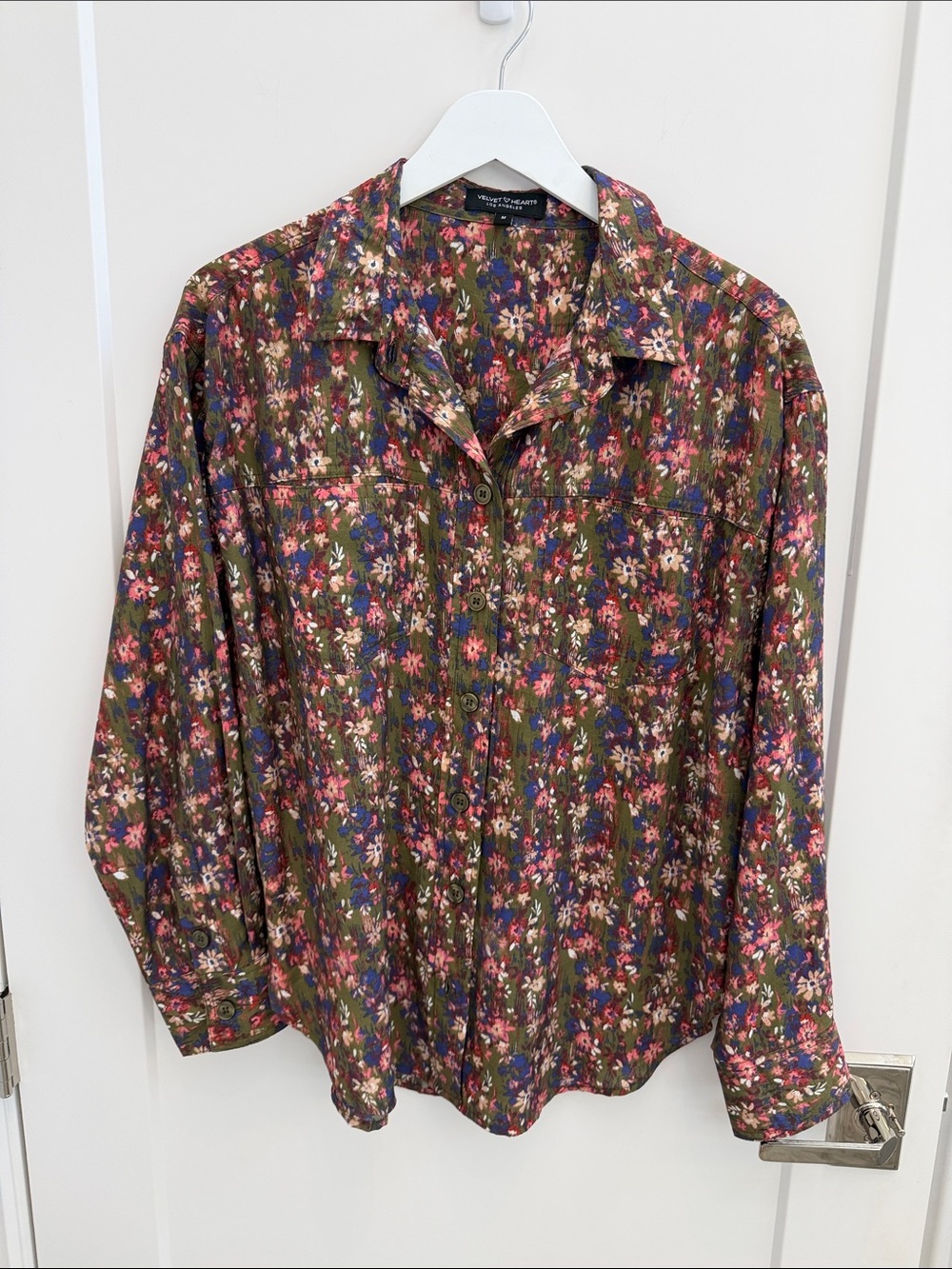 Velvet Heart Olive Button-Down Shirt with Pink & Blue Floral Print